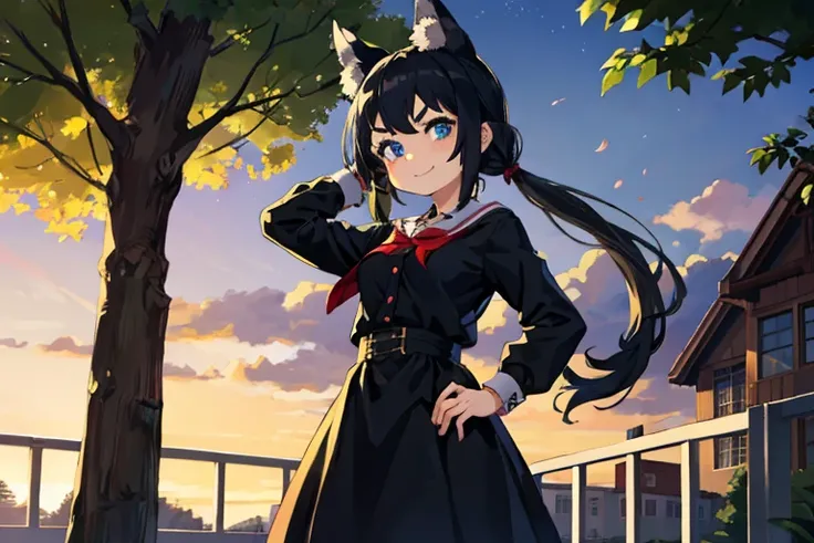 Young girl with black hair, long twintail, twintail hairstyle, (blue eyes), ((small bushy eyebrows)), (wolf ears up), wearing gothic lolita, lolicon clothes, going to school, dull eyes, dull face, going to school, flirtatious smile, small and perky breasts...