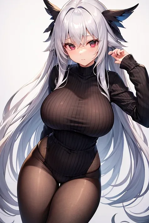 Big Breasts、long hair、Silver Hair、Long sleeve、Vertical knitwear、Black fishnet stockings、Long, slender legs、Emphasize the chest、whole body、High resolution、masterpiece、Highest quality、High-resolution model