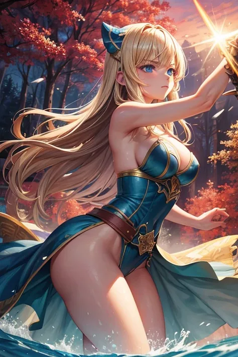 Draw Samantha, a blonde female character with waist-length hair and blue eyes. Wearing medieval armor and a sword made of the water element. Samanta is striking a blow with her sword, sending a blast of water over her enemy.. view from the front. Forest sc...