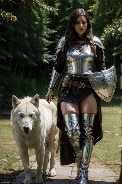 A female druid with a white wolf companion. Equipped with leather armor, scimitar, round wooden shield. Raei follower
