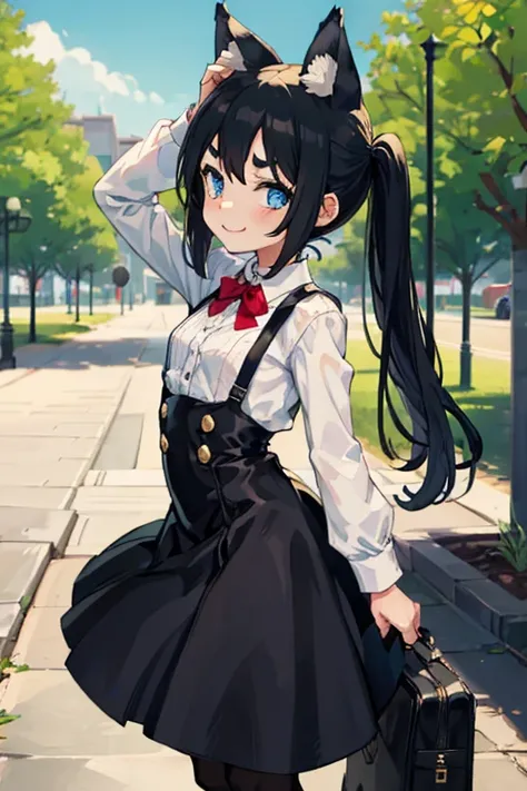 Young girl with black hair, long twintail, twintail hairstyle, (blue eyes), ((small bushy eyebrows)), (wolf ears up), wearing gothic lolita, lolicon clothes, going to school, dull eyes, dull face, going to school, flirtatious smile, small and perky breasts...