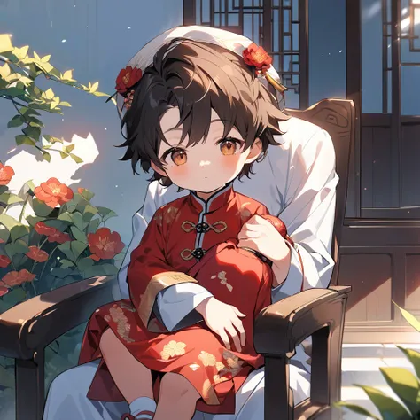 A handsome young man with a good face and a gentle face, wearing a white ancient Chinese costume, sitting on a chair, hugging his little sister, who is 1 year old, in a red Chinese New Year costume. In the morning, there is sunlight shining in the front ya...