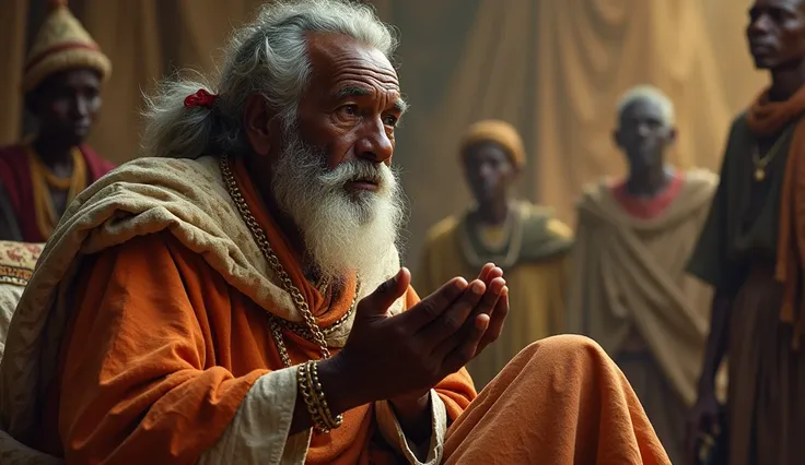 (African folktale) the king abdicated his throne 
The king is an old wise man, dressed in regal buth worn-out attire ,
His expression is a mix of sorrow and anxious
