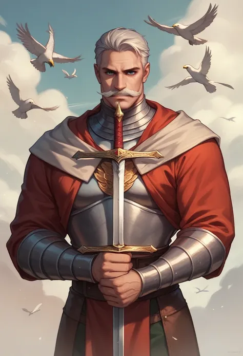 Knight, Eagle on his chest, holding two swords in both hands, Moustache, people in the background, he wears white and red colours