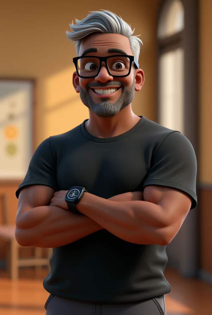 Create a stylized 3D cartoon character of a middle-aged black man with very short hair, wearing modern black glasses. The character should have a broad build but without a belly or muscular physique, and a friendly expression, but not smiling. His skin ton...