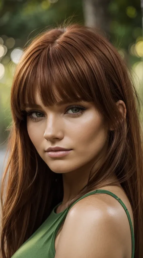 a close up of a woman with long red hair wearing a green top, a portrait by david rubín, pexels, dau-al-set, with a brown fringe, brown long hair with bangs, marta syrko, lorena avarez, blanca alvarez, brown hair with bangs, brown hair and bangs, sultry sm...