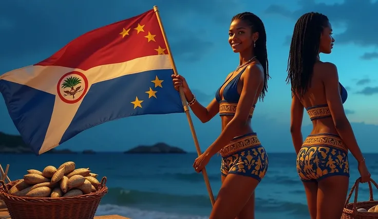 A woman with brown skin, dressed in the colors of the Cape Verde flag, symbolizing peace, unity, determination, and spirit. She is wearing a golden belt with discreet tribal elements in reference to Cape Verdean culture. She is holding the Cape Verde flag,...