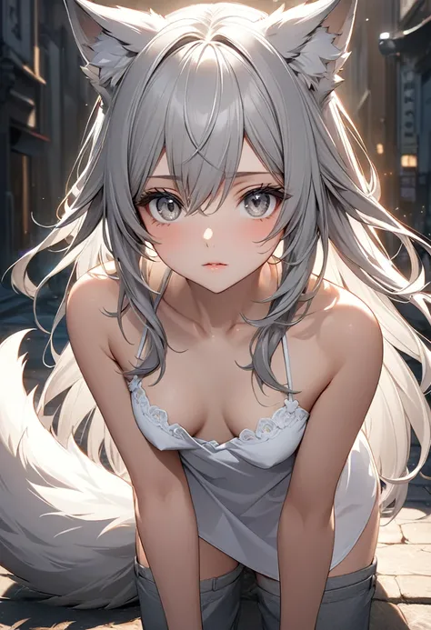 Longhair, (Gray eyes:1.5),  animal ears, tail, Silver hair,   Wolf ears, Wolf Tail,  (small breast:1.2), BREAK looking at viewer, BREAK outside, BREAK (masterpiece:1.2), best quality, high resolution, unity 8k wallpaper, (illustration:0.8), (beautiful deta...