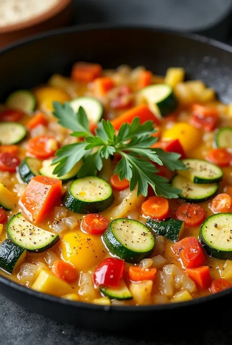 Create drawings of each of this preparation 1.	In a non-stick pan, Heat a little olive oil over medium heat.

	2.	Add the chopped onion and peppers (Red and green) and cook until tender.

	3.	Add the diced zucchini and grated carrot, and cook for a few min...