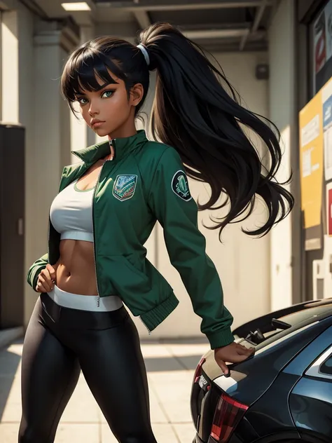 (best quality), 1girl, female, tanned skin, black hair, high ponytail, side swept bangs, long hair, green eyes, perfect eyes, sport jacket, leggings, athletic, smug, masterpiece, anatomically correct, highres
