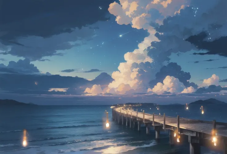 Beautiful wallpaper, beautiful scenery, blue sea, big clouds, fireflies flying,