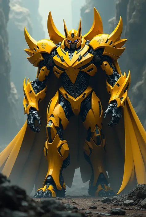 Make a transformers decepticon dark yellow fox with 45 tails and with four paws claws of police helmet cape