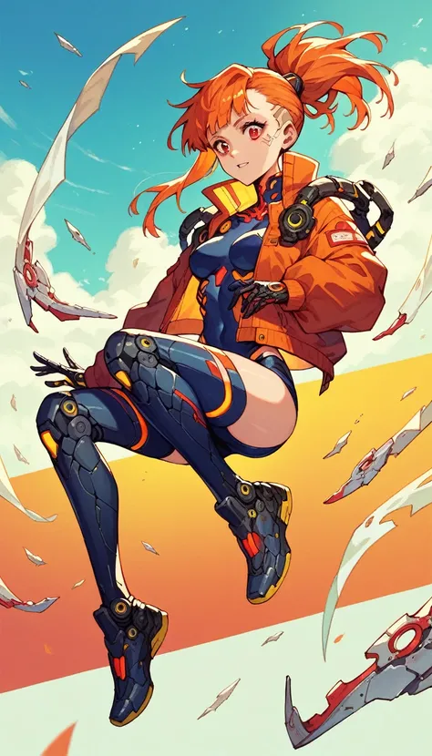 One  anime cybergirl, orange hair, red eyes, detailed cybernetic body,  full body, dark cyberpunk world, anime style
