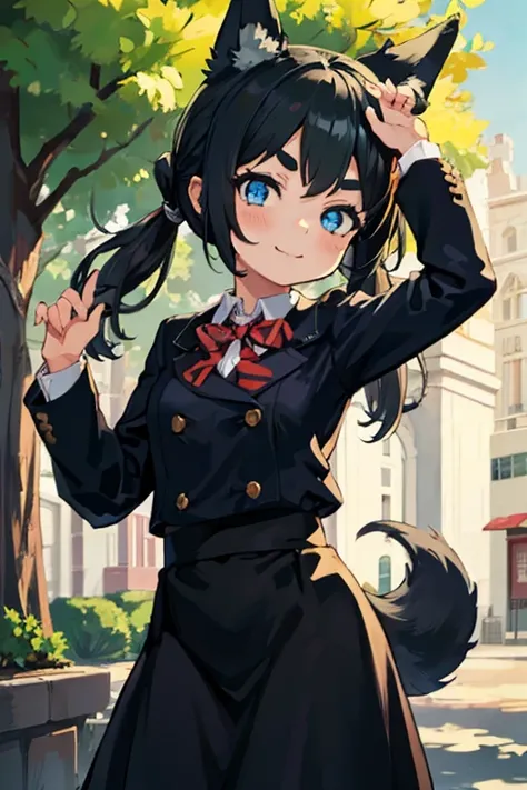 Young girl with black hair, long twintail, twintail hairstyle, (blue eyes), ((small bushy eyebrows)), (wolf ears up), wearing gothic lolita, lolicon clothes, going to school, dull eyes, dull face, going to school, flirtatious smile, small and perky breasts...