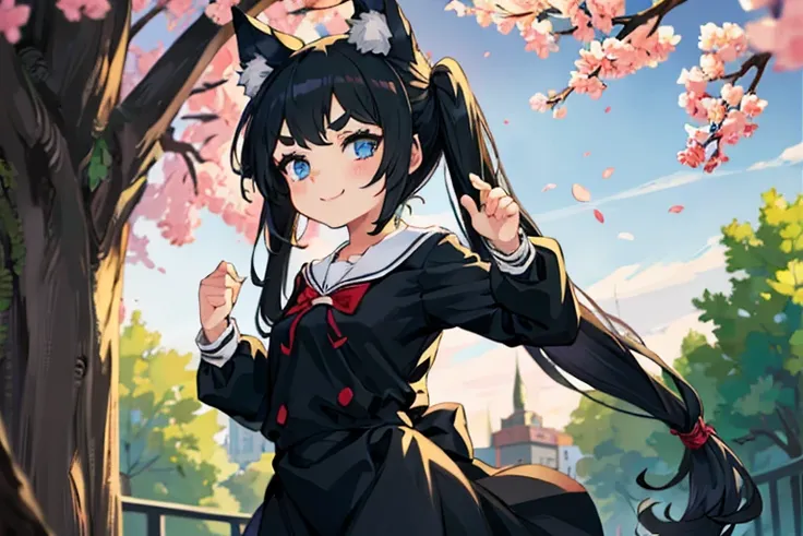 young girl with black hair, long twintail, twintail hairstyle, (blue eyes), ((small bushy eyebrows)), (wolf ears up), wearing go...