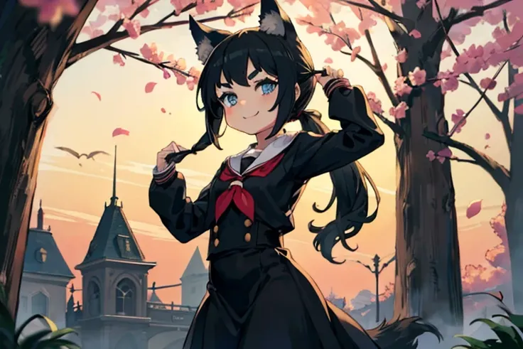 young girl with black hair, long twintail, twintail hairstyle, (blue eyes), ((small bushy eyebrows)), (wolf ears up), wearing go...