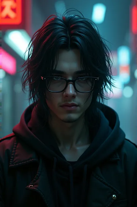 I want a picture of a mysterious looking long haired hacked male character wearing glasses