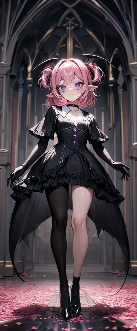 UHD, masterpiece, best quality, extremely detailed, anatomically correct, sharp focus, Midnight, gloomy atmosphere, Church, altar isle, 1girl, solo, camilavtuber, pink hair, short hair, shoulder length hair, (black head wings:1.1), (twin ponytail), PURPLE ...