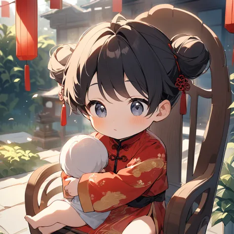 A handsome young man with a good face and a gentle face, wearing a white ancient Chinese costume, sitting on a chair, hugging his little sister, who is 1 year old, with her hair tied in two buns, black hair, in a red Chinese New Year costume. In the mornin...