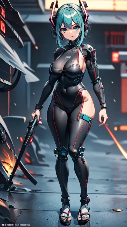 adult woman, hatsune miku, dignified face, ((japanese armor warrior)), ((heavy cybernetic leotards)), cyberpunk, high heels, mas...