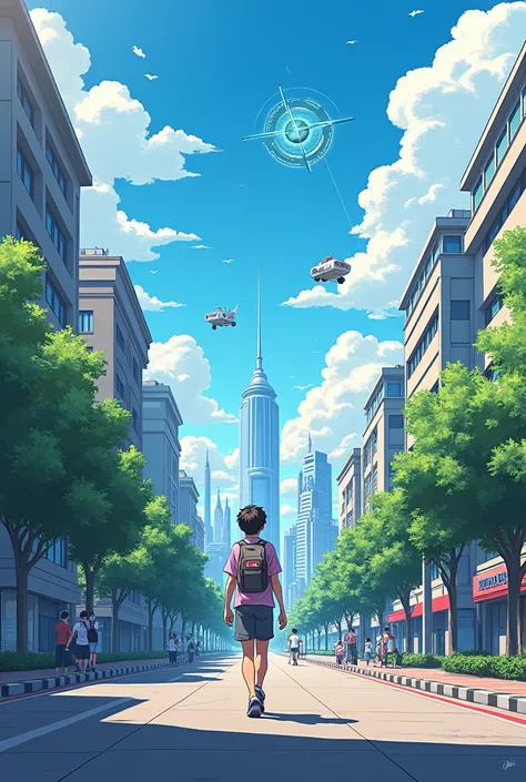 Vertical anime drawing of a teenager walking on an ordinary street in the present to the future path, high-tech, full of technology, with points showing Thai identity, Thai flag.