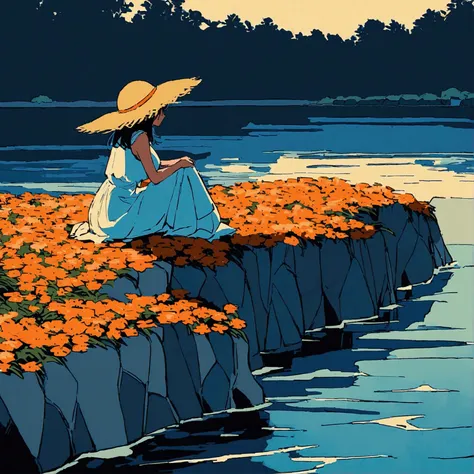 woman in white dress flat color simple suitcase travel orange flower sitting on stone by the river feet in water beautiful scenery fluttering in the wind straw hat