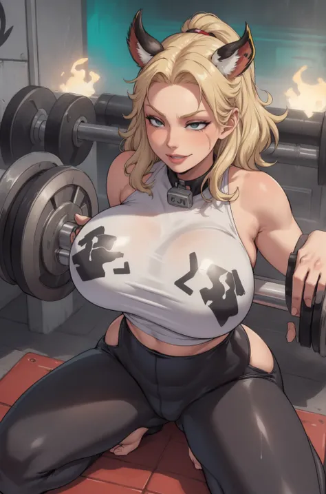 sexy,solo,(fox_girl:1.2),(gym_shirt cover half of her ),flash nippels, (tight_pants:1.2),(blonde_hair:1.2),(Smirk:1.2), juicy lips , huge , green eyes(Straddling:1.2),(cow_ears:1.2),(gym:1.2),horny and wet