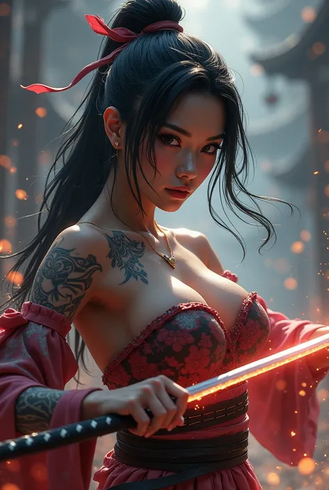 an asian samurai with long black hair tied in a bun, with medium breasts, with tattoos shining, wearing a kimono, and wielding a katana that emits electricity