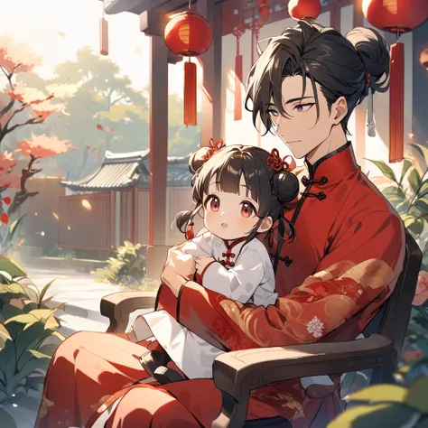 A handsome young man with a good face and a gentle face, he wearing a white ancient Chinese costume, sitting on a chair, hugging his little sister, who is 1 year old, with her hair tied in two buns, black hair, in a red Chinese New Year costume. In the mor...