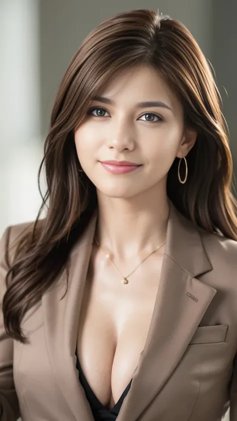 Tabletop, Highest quality, Realistic, Very detailed, finely, High resolution, 8k wallpaper, One beautiful woman,, Light brown messy hair, Wear a business suit, Sharp focus, Perfect dynamic composition, Beautiful and beautiful eyes, Thin Hair, Detailed Real...