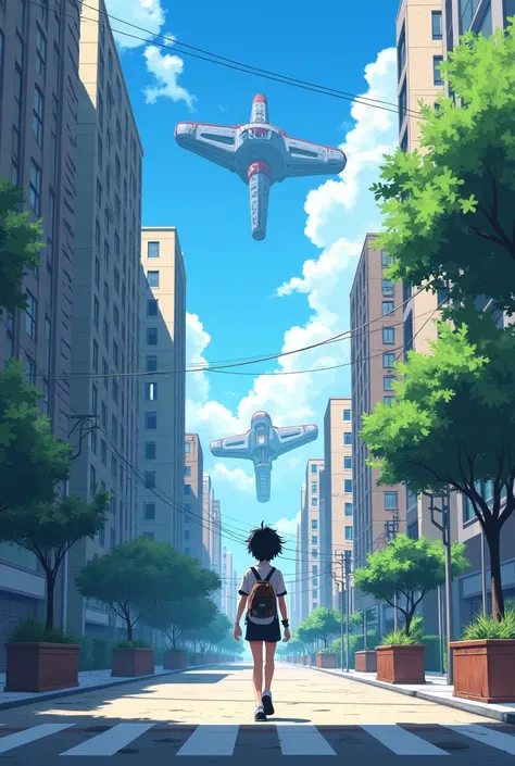 Vertical anime drawing of a teenager walking on an ordinary street in the present to the future path, high-tech, with a lot of technology in the sky, high-tech space, with a point showing Thai identity, Thai flag.