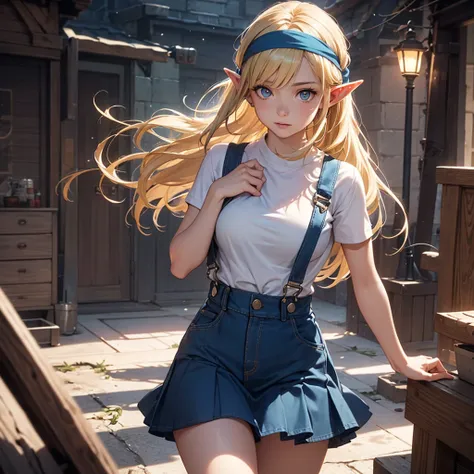 CG, Unity, 8k, wallpaper, Highest quality, masterpiece, Lovely lady, 18-year-old, (Realistic), Best lighting, Complex pupil, Intricate weaving, Elf Girl、A composition that shows the whole body,One Woman,Full Body,Blue skirt and headband,Blonde,Overalls Ski...