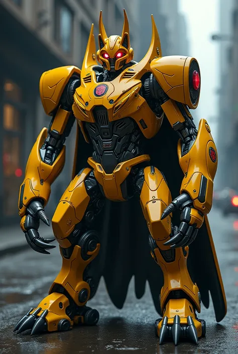 Make a transformers barricade dark yellow fox with 45 tails and with four paws claws of police helmet cape