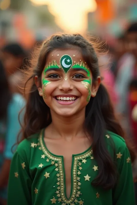 a Pakistani girl on Independence day with face paint that says "neo studios.pk". background is slightly overexposed 