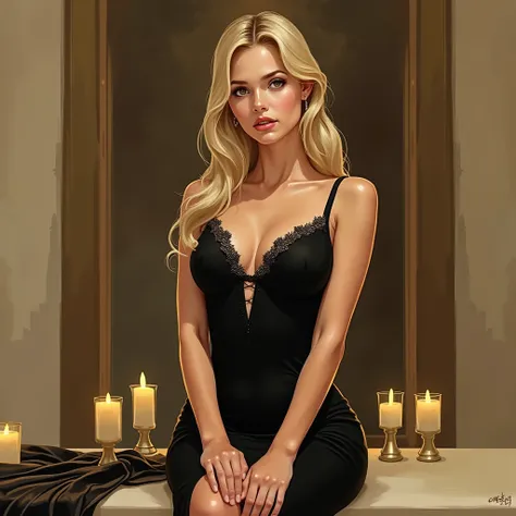 Young girl 24 years old. Model. Blonde in a black evening dress 