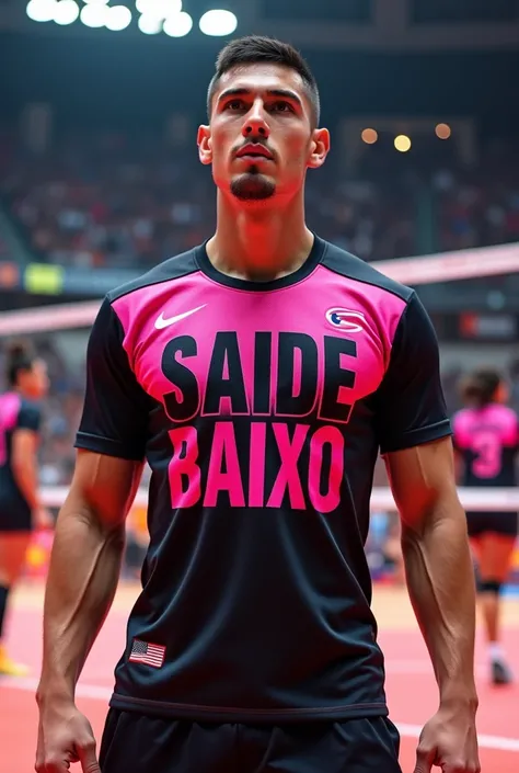 VOLLEYBALL SHIRT WITH SAIDEBAIXO WRITTEN IN BLACK AND PINK