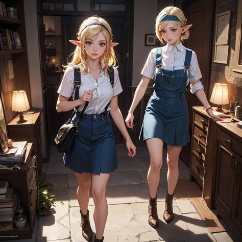 CG, Unity, 8k, wallpaper, Highest quality, masterpiece, Lovely lady, 18-year-old, (Realistic), Best lighting, Complex pupil, Intricate weaving, Elf Girl、A composition that shows the whole body,One Woman,Full Body,Blue skirt and headband,Blonde,Overalls Ski...