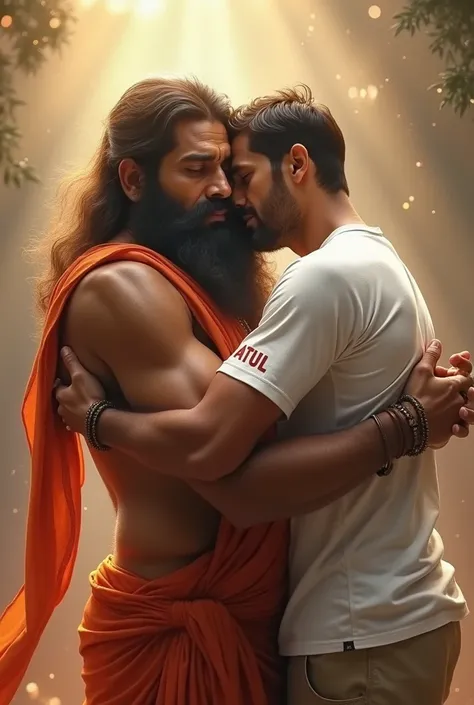 Lord hanuman  pic hug a 32 year old man wear a white t-shirt print "ATUL"