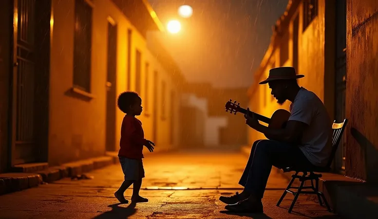 Reggae Jamaica A man alone playing the guitar vialon in a fire flame raining a child standing dancing in Jamaica listening to a man playing the guitar sitting on the sidewalk. Pure reggae vibes very high details, 8k, Depth of field, Behance Photography , c...