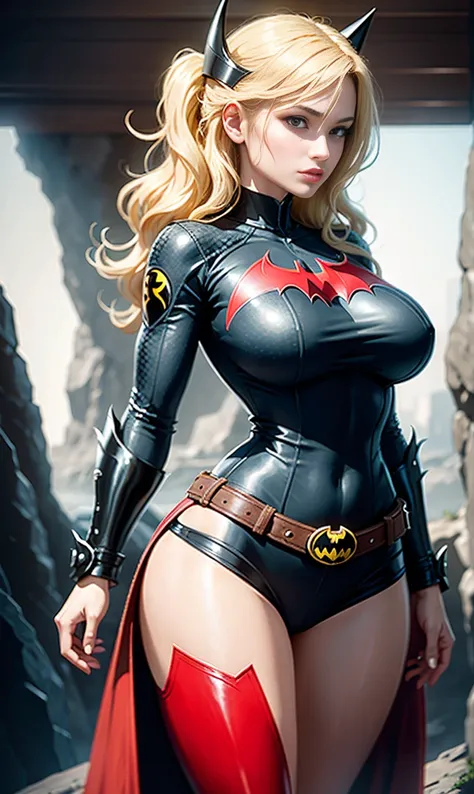 1 girl, standing, STANDING UP, Batwoman costume style, breasts big, big-ass, Yellow Batman logo on chest and belt, work of art, best qualityer, Detailed texture skin, detailed cloth texture, beautifull detailed face, details Intricate, ultra detaild, blond...