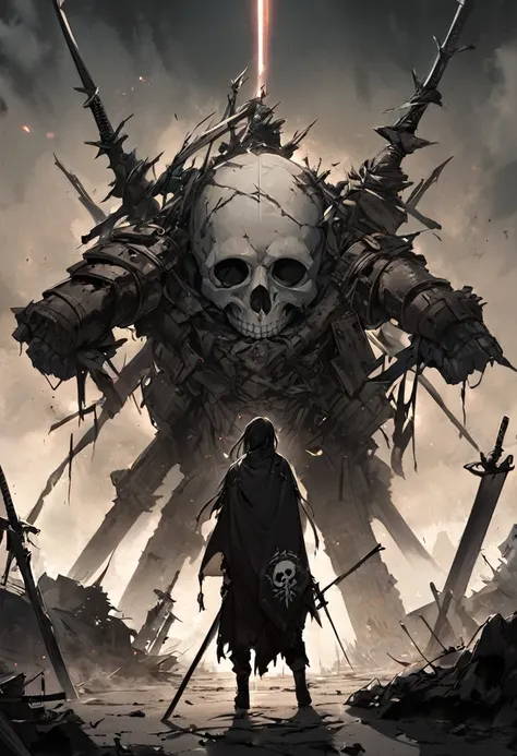 In the midst of desolate ruins, samurai raise their swords and stand on a rock artistically depicted as a skull emblem, its firm and somber image contrasting with a dark background.