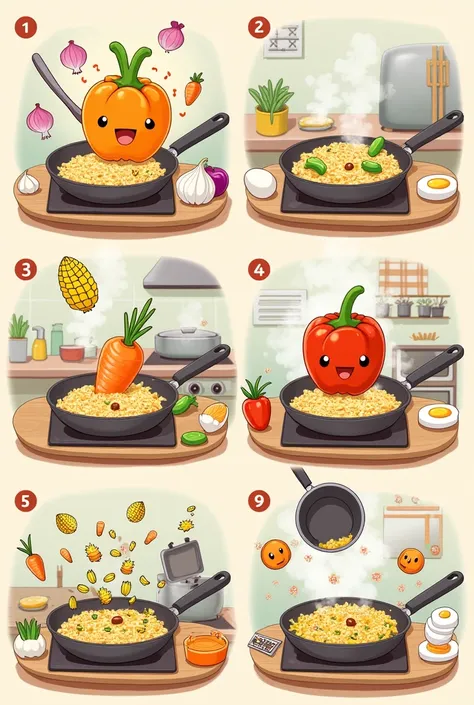 Create cartoons of each of this preparation 1.	In a large skillet, Heat some vegetable oil over medium heat.

	2.	Add the chopped onion and minced garlic cloves, and sauté until golden and fragrant.

	3.	Add the carrot, the peppers, peas and corn, and cook...