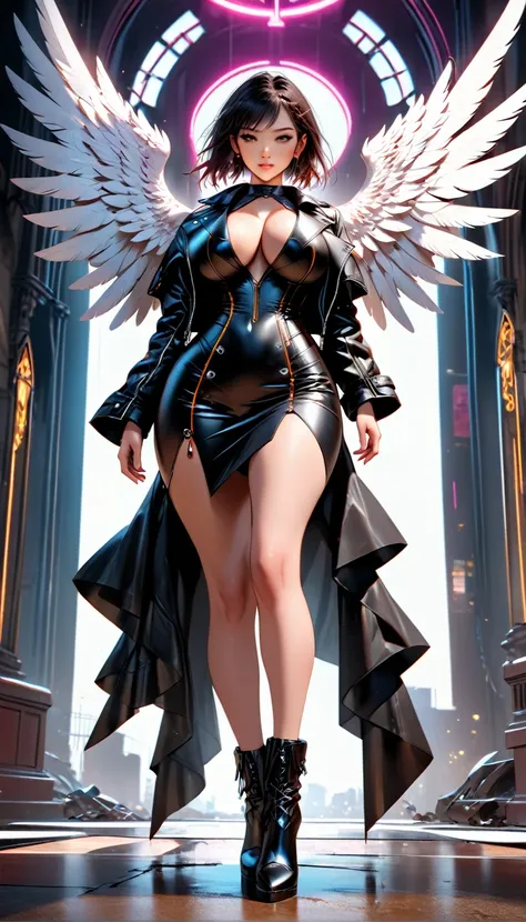 a picture of an mecha angel wearing black leather jacket, ((full body: 1.5)), exotic beautiful angel ((anatomically correct: 1.5), (ultra detailed face: 1.2), best detailed face, busty, folded wings, white angel wings, (white mecha armor: 1.3), she is wear...