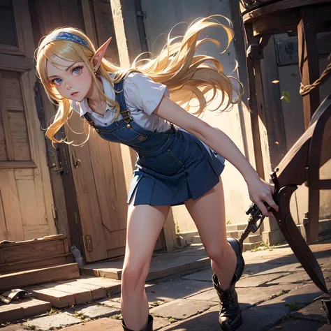 CG, Unity, 8k, wallpaper, Highest quality, masterpiece, Lovely lady, 18-year-old, (Realistic), Best lighting, Complex pupil, Intricate weaving, Elf Girl、A composition that shows the whole body,One Woman,Full Body,Blue skirt and headband,Blonde,Leather Over...