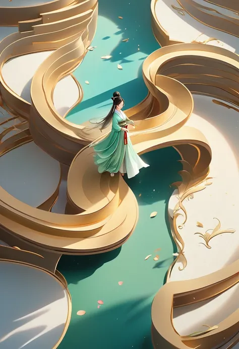 Drone view。A tiny young ancient Chinese woman walks on many undulating scrolls，The scroll is filled with calligraphy。She holds a long sword，Wearing flowing and soft silk Hanfu，Long hair dancing in the wind。3D rendered Chinese ink painting scene。Light gold ...