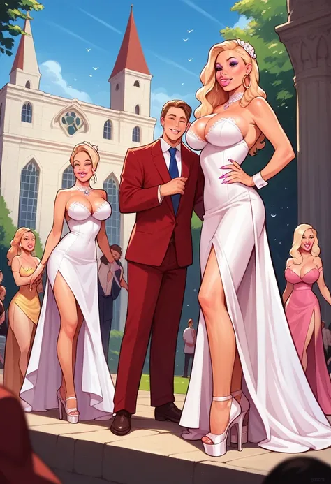 (2 women, 1 man),(8k group image), (masterpiece), (group), (ffm), two white bimbos with messy bleached blonde hair getting married to a large black man in a crowded church, the women have exquisite bodies, beautiful faces looking seductively at the viewer,...