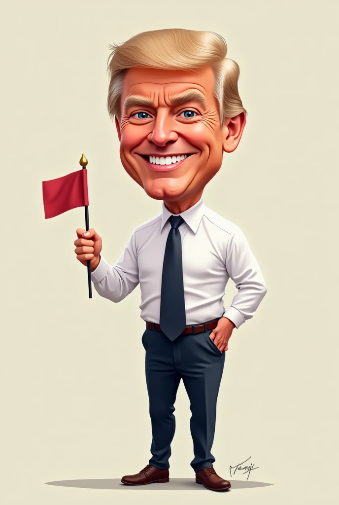 Full body caricature of a President standing holding small flag smiling Wearing a black tie and white shirt