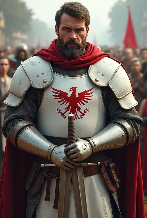 (photorealism:1.2), Knight, he has white Eagle on his chest, holding two swords in both hands, Swords are crossed on the height of his chest Moustache, people in the background, he wears white and red colours