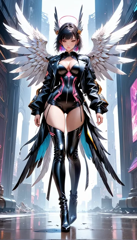 aa picture of an mecha angel wearing black leather jacket, ((full body: 1.5)), exotic beautiful angel ((anatomically correct: 1.5), (ultra detailed face: 1.2), best detailed face, busty, folded wings, white angel wings, (white mecha armor: 1.3), she is wea...