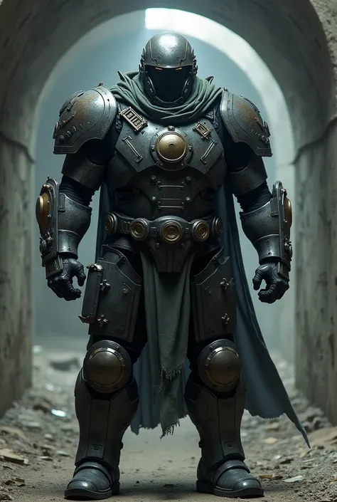 1guy,ciphercmdr,standing,facing viewer,armor,),hideexes,helmet,scarf,full body,stocky, heavyset,Physique,in concrete tunnel,underground,soft lighting,  